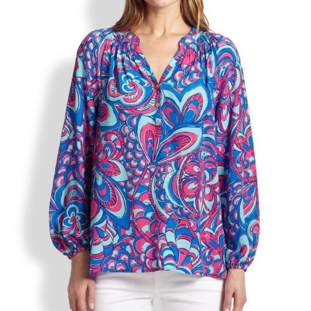 Lilly Pulitzer Silk Elsa Reel Me In Brewster Blue Pink Aqua Blue Blouse  - XS